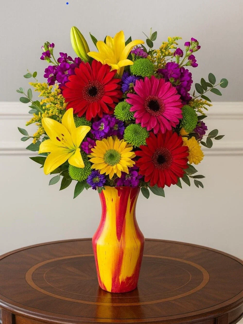 Floral Arrangement in Red and Yellow Vase Hand Poured